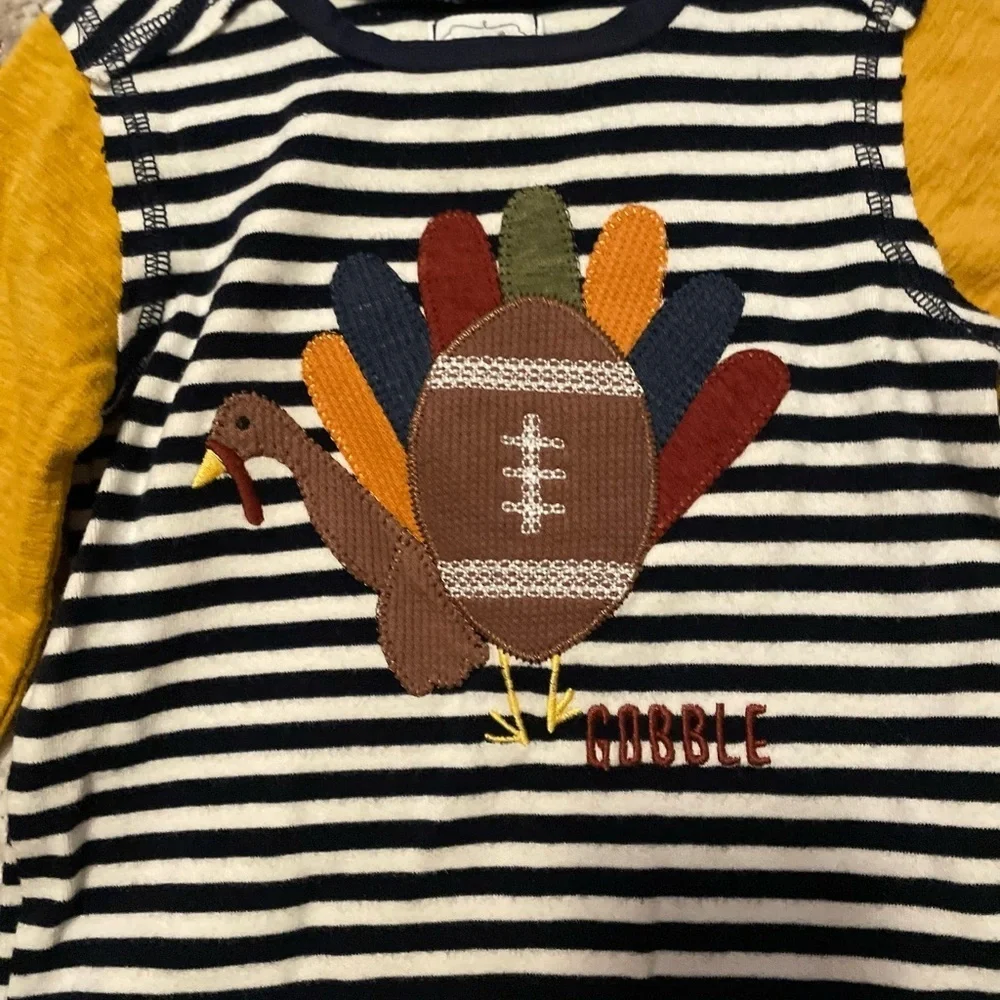 Mud Pie Kids Shirt with Turkey Appliqué - Navy and Mustard size 12–18M
